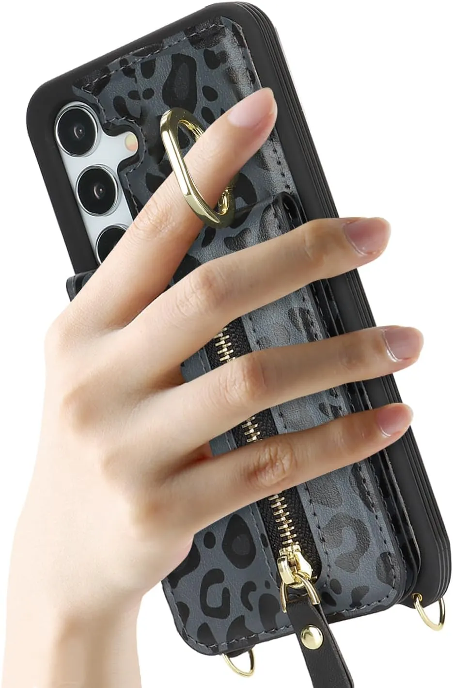 for Samsung Galaxy S24 Wallet Case with Card Holder, for Galaxy S24 Case Wallet with Strap Credit Card Slot, Crossbody Bag with Zipper Case - Black Leopard