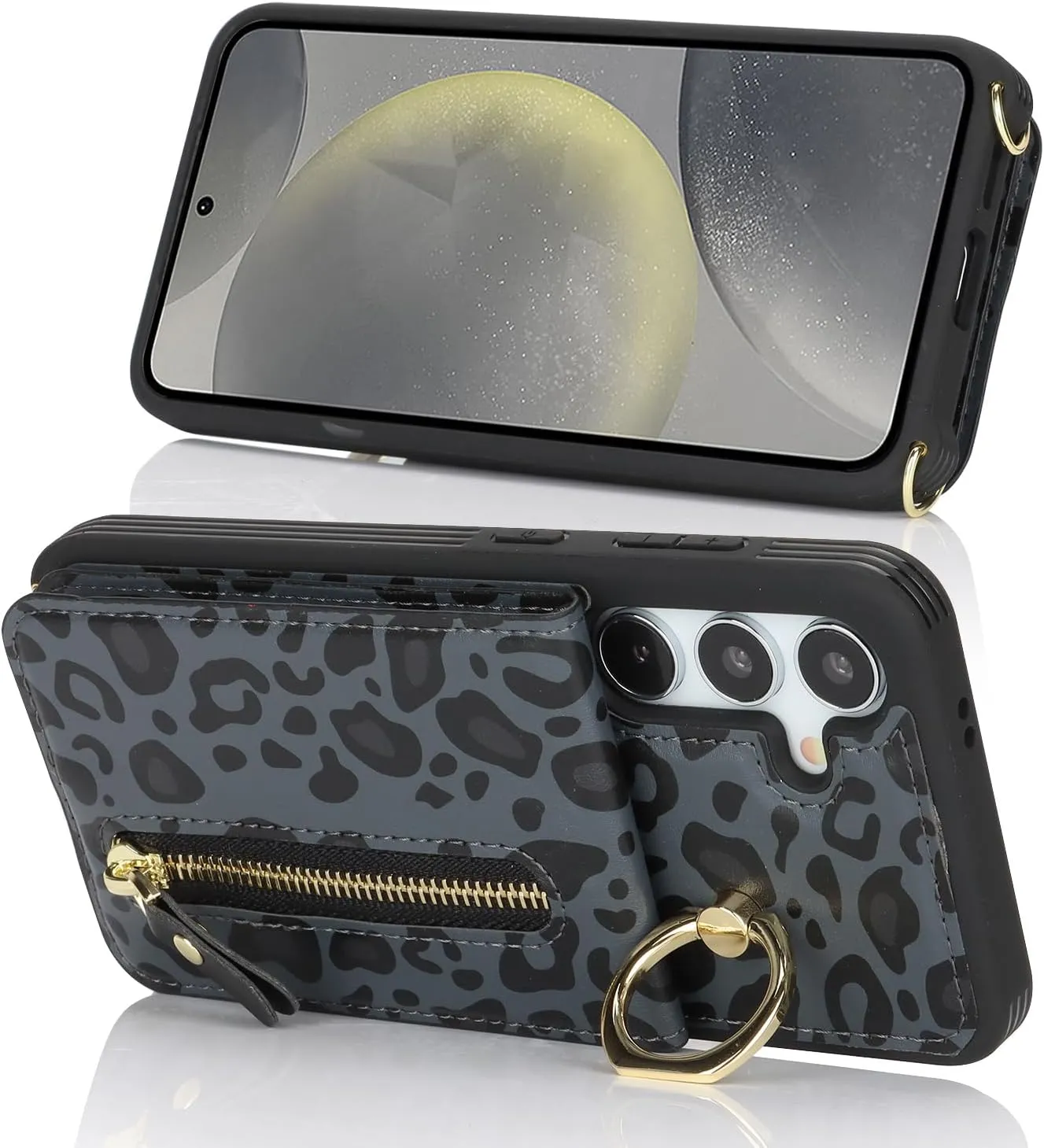 for Samsung Galaxy S24 Wallet Case with Card Holder, for Galaxy S24 Case Wallet with Strap Credit Card Slot, Crossbody Bag with Zipper Case - Black Leopard
