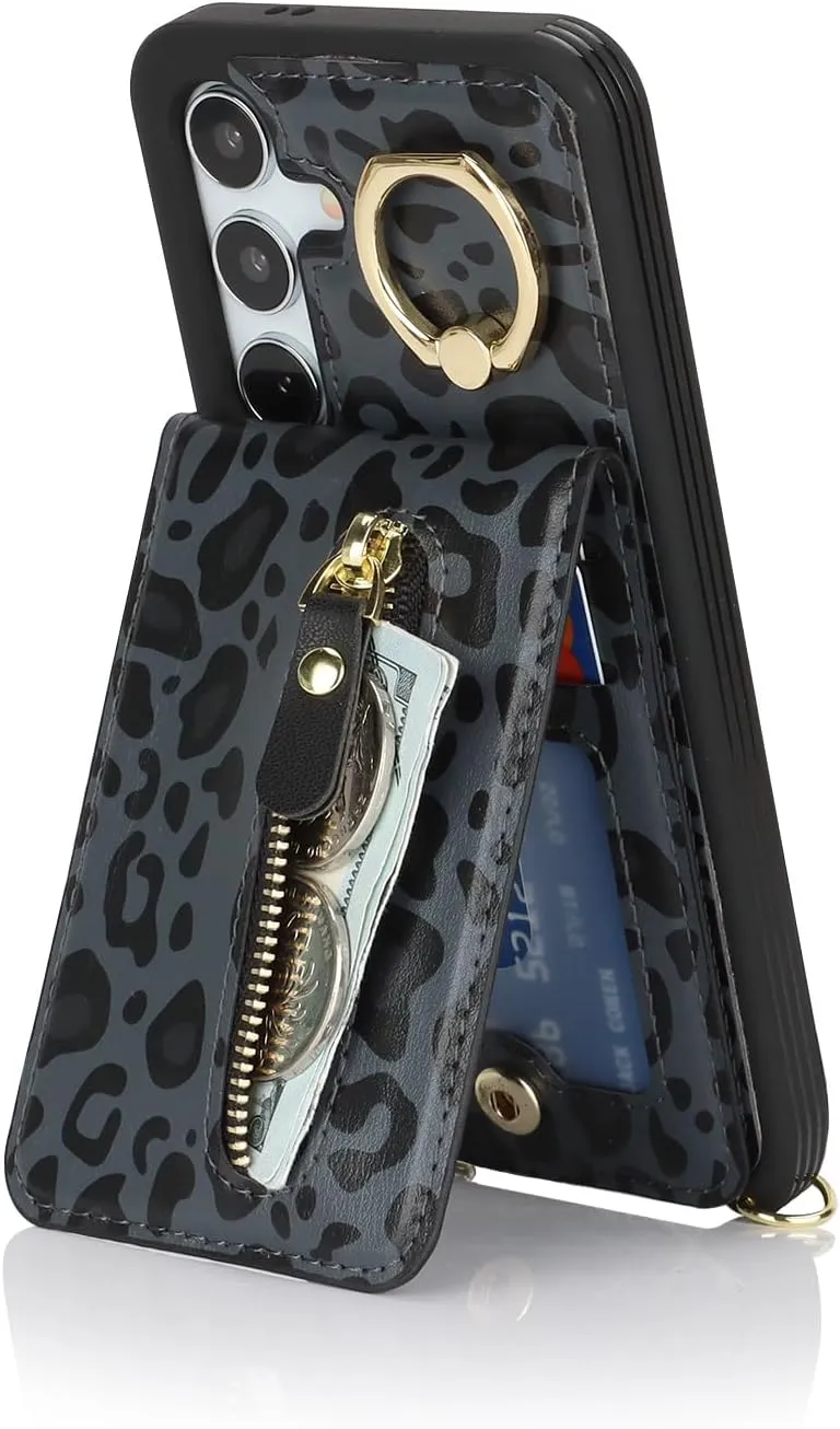 for Samsung Galaxy S24 Wallet Case with Card Holder, for Galaxy S24 Case Wallet with Strap Credit Card Slot, Crossbody Bag with Zipper Case - Black Leopard