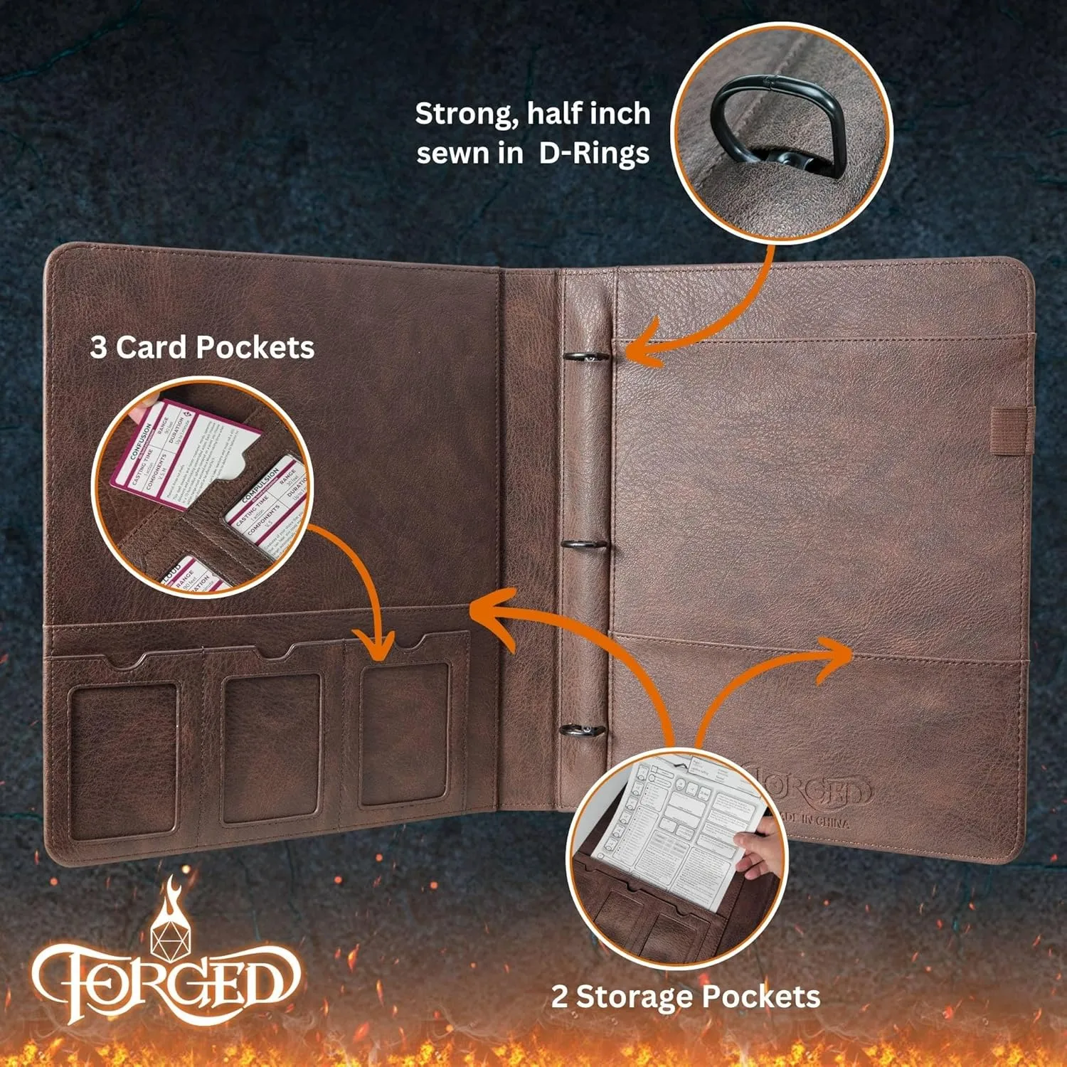 Forged Dice Co. Game-Folio PU Leather Portfolio Binder - Gaming Binder for DND Character Sheets with DND Spell Cards Organizer and Clear Front Pocket - Compatible with Dungeons and Dragons RPG Pewter