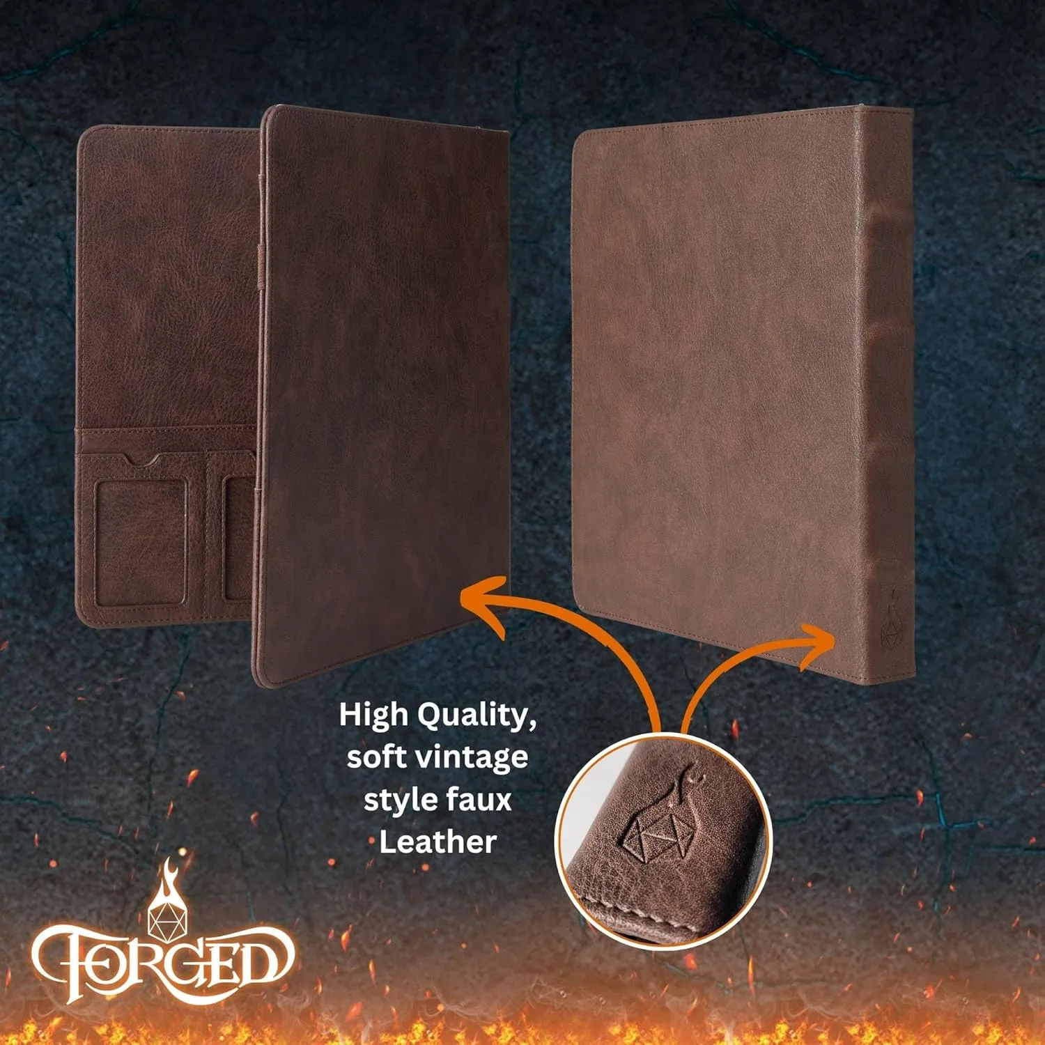 Forged Dice Co. Game-Folio PU Leather Portfolio Binder - Gaming Binder for DND Character Sheets with DND Spell Cards Organizer and Clear Front Pocket - Compatible with Dungeons and Dragons RPG Pewter