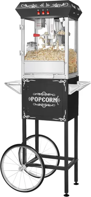 Foundation Popcorn Machine with Cart - 8oz Popper with Stainless-Steel Kettle, Warming Light, and Accessories by Great Northern Popcorn (Black)