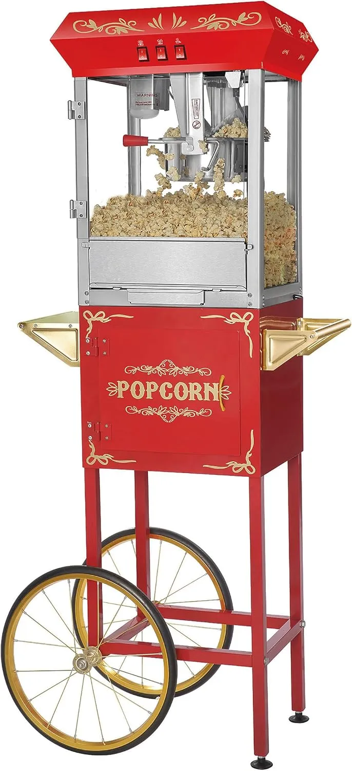 Foundation Popcorn Machine with Cart - 8oz Popper with Stainless-Steel Kettle, Warming Light, and Accessories by Great Northern Popcorn (Red)