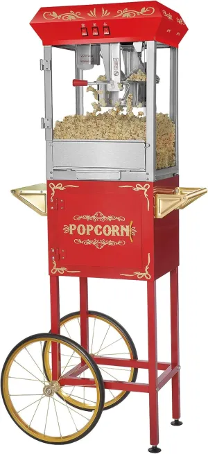 Foundation Popcorn Machine with Cart - 8oz Popper with Stainless-Steel Kettle, Warming Light, and Accessories by Great Northern Popcorn (Red)