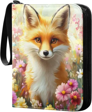 Fox Surrounded by Colorful Flowers Cards Binder 4 Pocket Fits 400 Cards with 50 Removable Sleevesves, Trading Card Collector Zipper Album Holder Portable Card Games Display Storage Cases