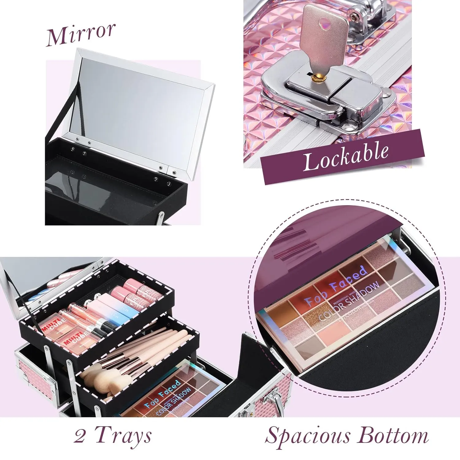 FRENESSA Makeup Box Organizer Portable Cosmetic Train Case Travel Makeup Case with Mirror Locking Make Up Cases Organizers and Storage for Artist Nail Supplies Hard Cosmetic Box Pink