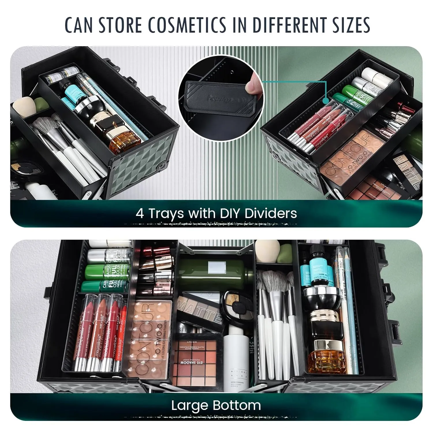 FRENESSA Makeup Case Makeup Box Cosmetic Train Cases Portable Make Up Artist Travel Case Storage Box 4 Trays with Dividers Lockable Hard Makeup Box Craft Nail Kits Case Drak Green