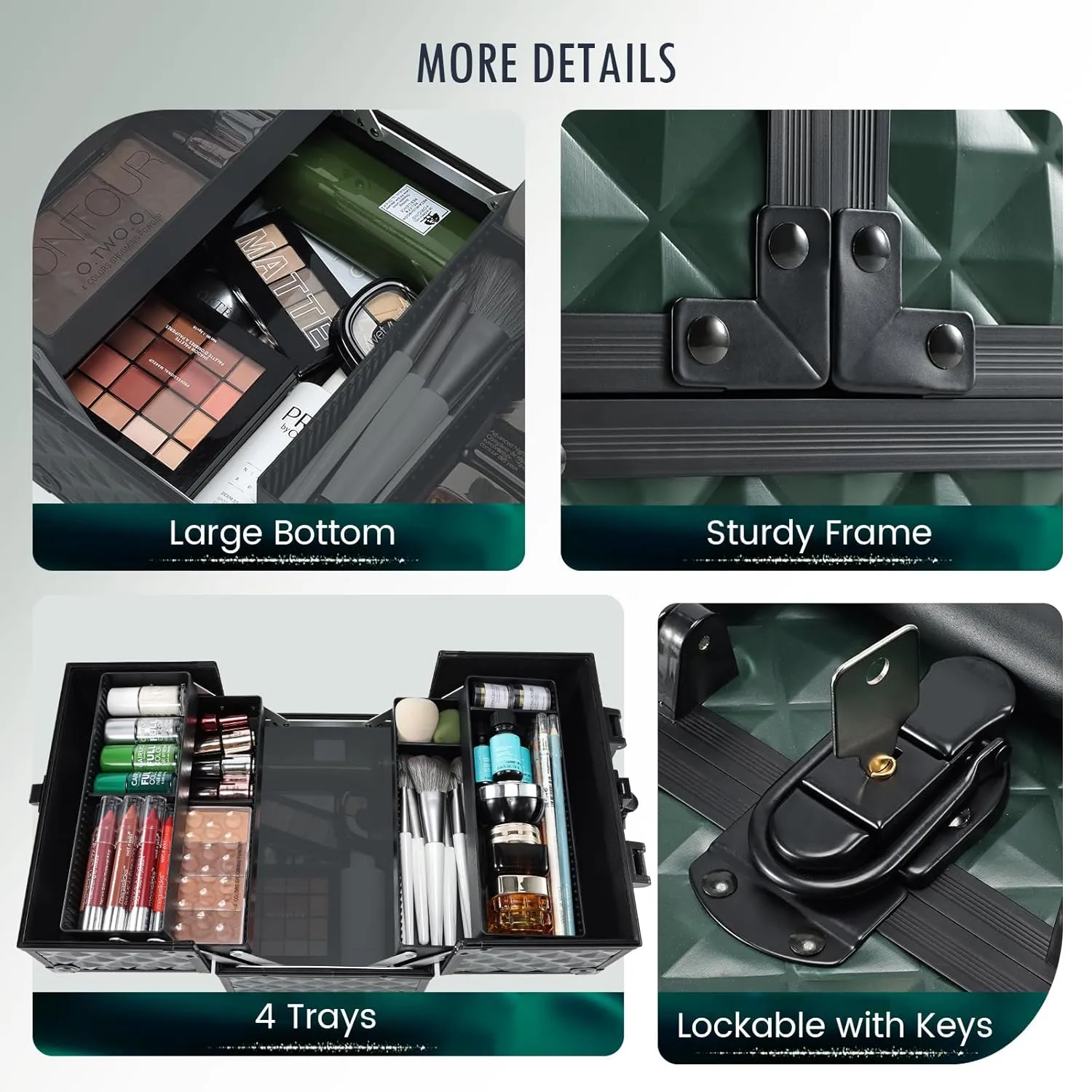 FRENESSA Makeup Case Makeup Box Cosmetic Train Cases Portable Make Up Artist Travel Case Storage Box 4 Trays with Dividers Lockable Hard Makeup Box Craft Nail Kits Case Drak Green