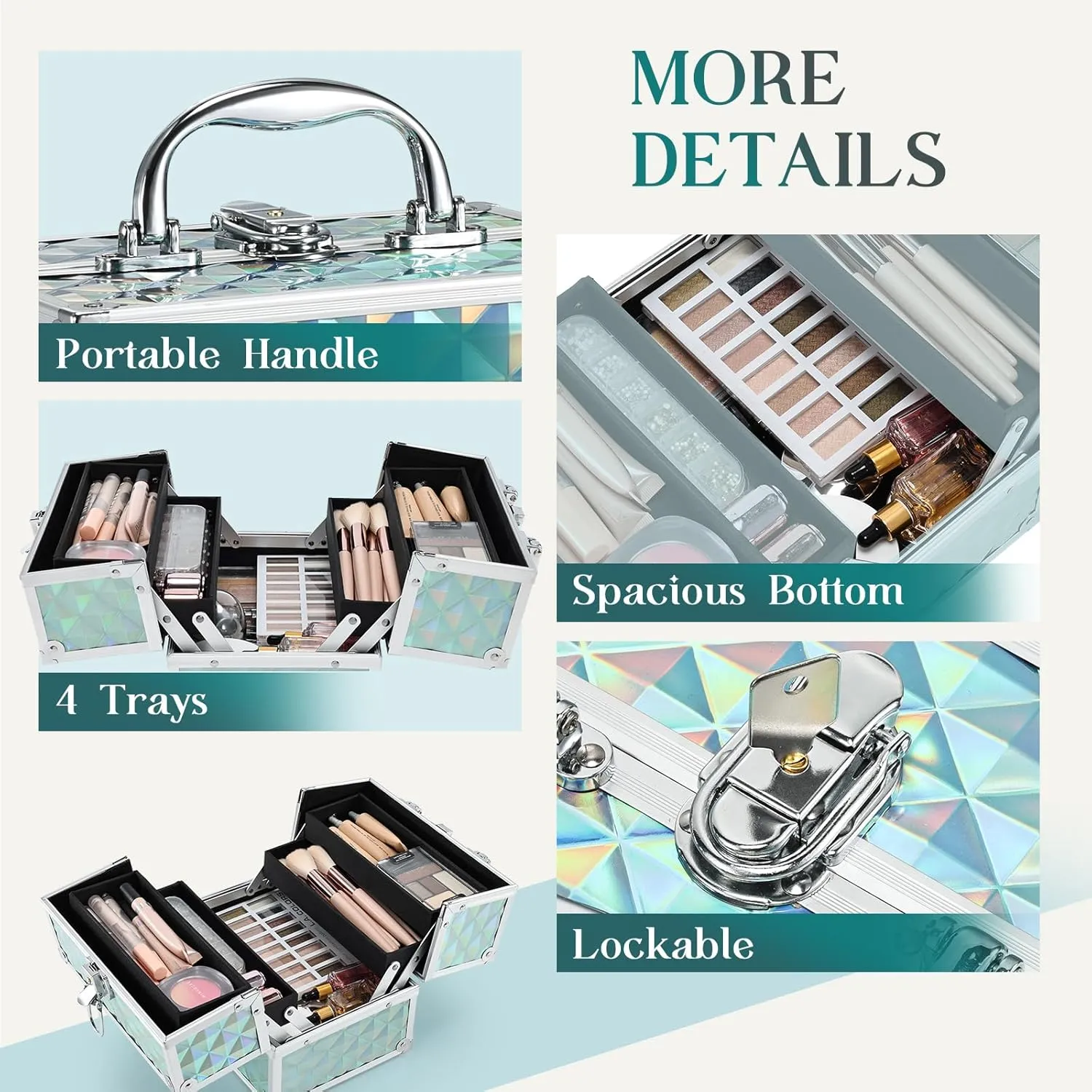 FRENESSA Makeup Case Portable Train Case Cosmetic Organizer cases 4 Trays Travel Storage Box with Lockable Key Hard Metal Make up Artist Train Box Craft Nail Kits Tools Shiny Blue