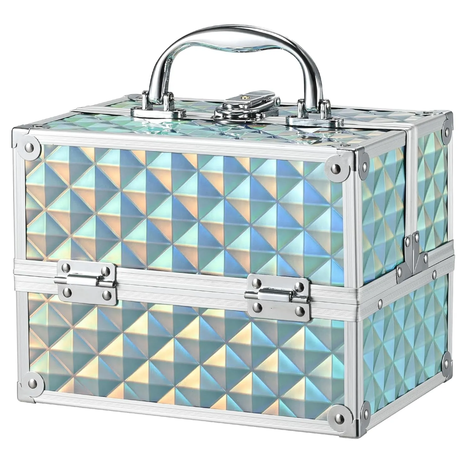 FRENESSA Makeup Case Portable Train Case Cosmetic Organizer cases 4 Trays Travel Storage Box with Lockable Key Hard Metal Make up Artist Train Box Craft Nail Kits Tools Shiny Blue