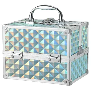 FRENESSA Makeup Case Portable Train Case Cosmetic Organizer cases 4 Trays Travel Storage Box with Lockable Key Hard Metal Make up Artist Train Box Craft Nail Kits Tools Shiny Blue