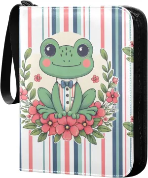 Frog and Stripes Card Binder 4 Pocket Trading Card Album Fits 400 Sports/Game Cards, PU Cover 3 Ring Card Collection with 50 Removable Sleeves