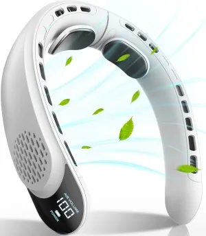 FrSara Rechargeable Neck Fan, Personal Fan with LED Display, 3 Speeds with 4000mAh Battery Powered, Supports USB TYPE-C, Portable, Ideal & Quiet for Women, Men Travel, Outdoor, White