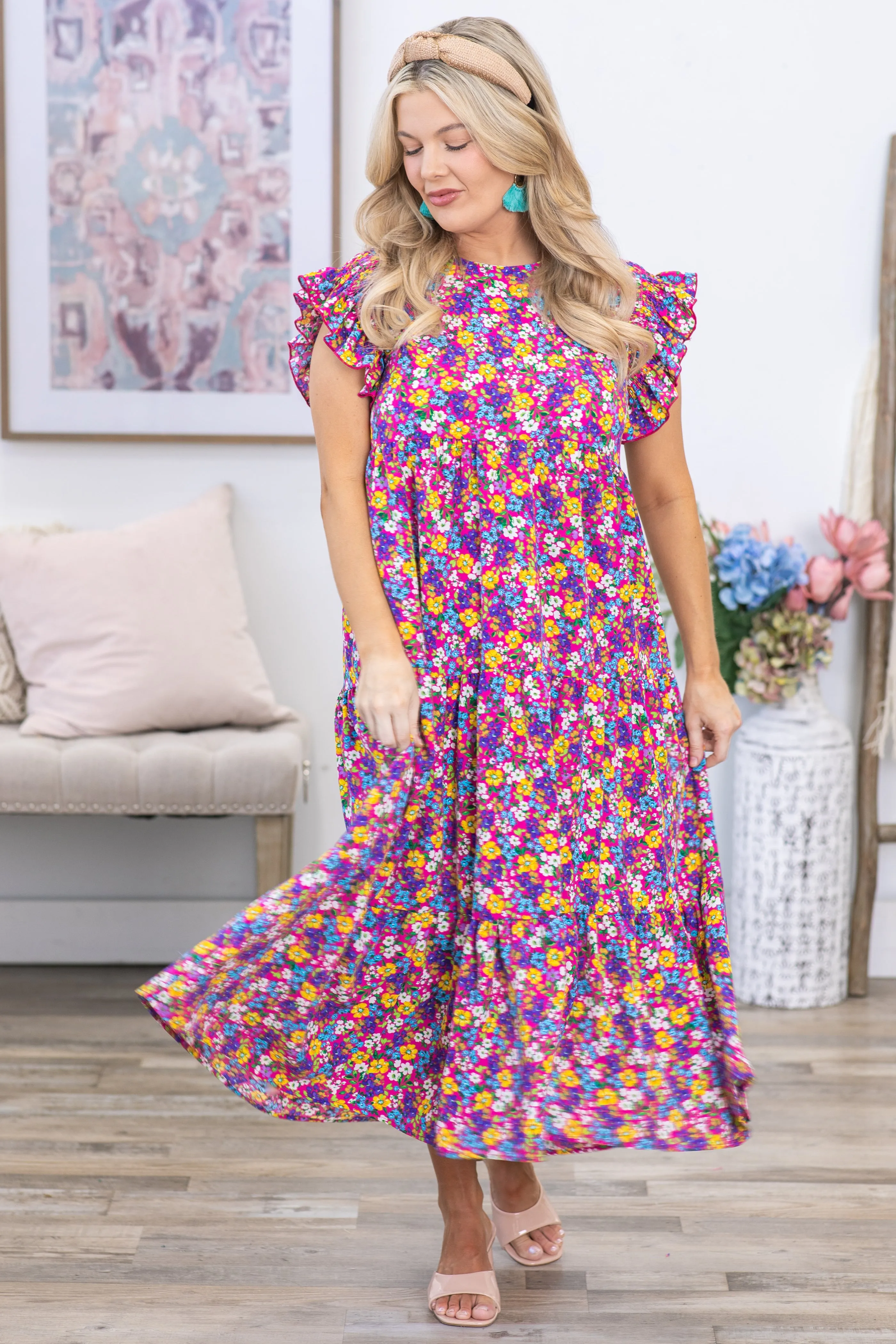 Fuchsia Ruffle Maxi Dress With Pockets
