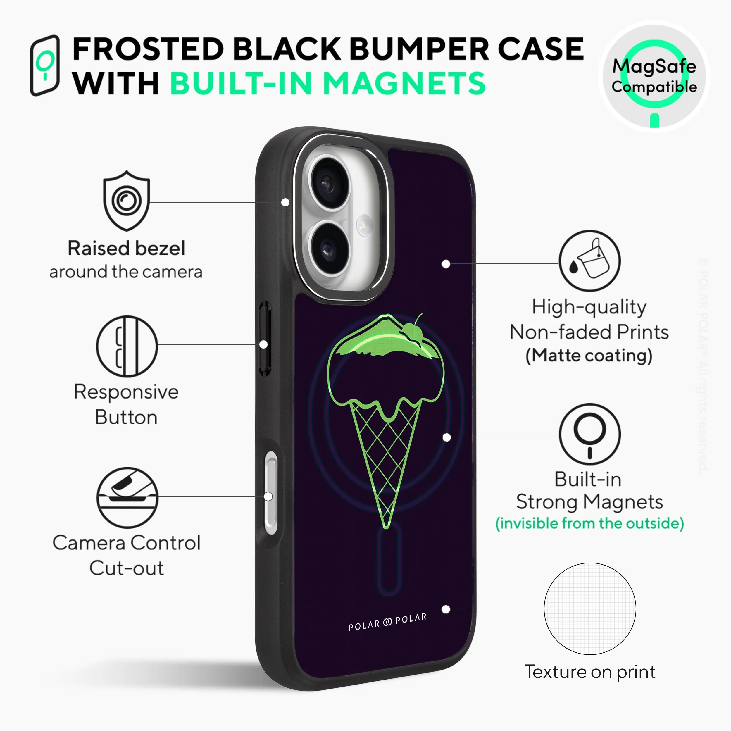 Fujisan Black Ice Cream - iPhone 16 Frosted Black Bumper MagSafe Case