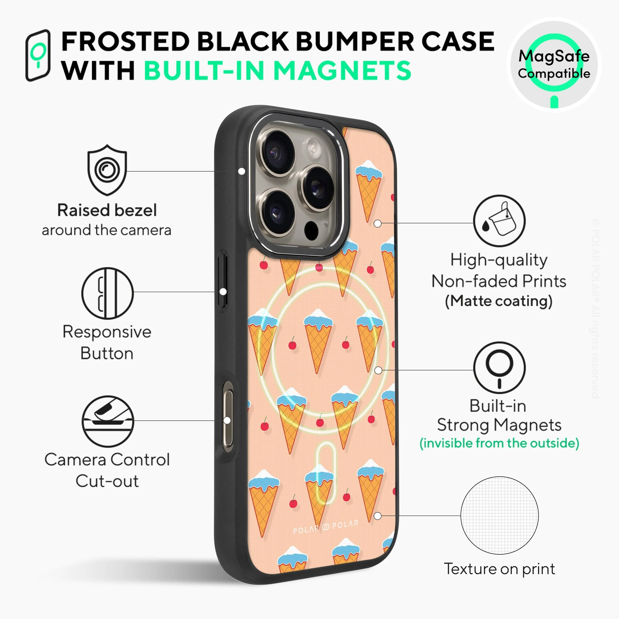 Fujisan Peach Ice Cream - iPhone 16 Pro Frosted Black Bumper MagSafe Case