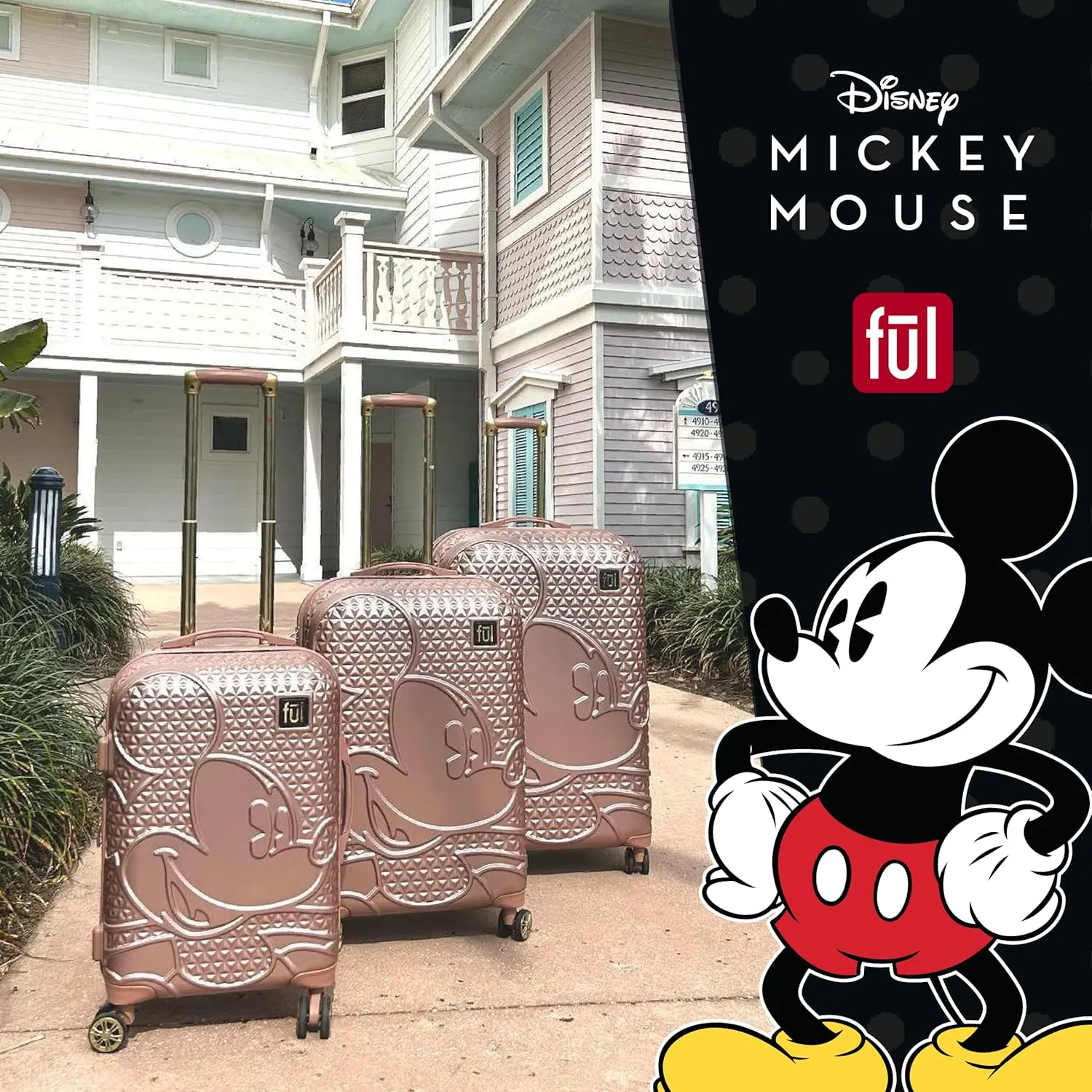 FUL Disney Mickey Mouse 21 Inch Carry On Luggage, Hardshell Rolling Suitcase with Spinner Wheels, Rose Gold