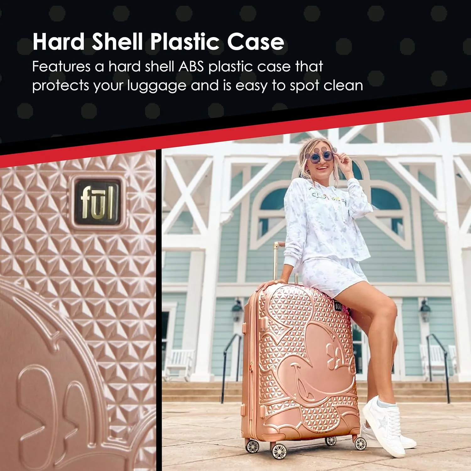 FUL Disney Mickey Mouse 21 Inch Carry On Luggage, Hardshell Rolling Suitcase with Spinner Wheels, Rose Gold