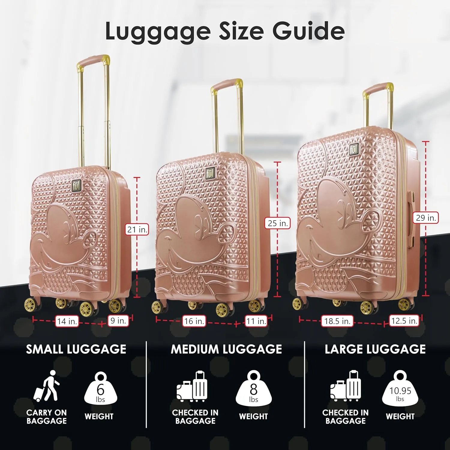 FUL Disney Mickey Mouse 21 Inch Carry On Luggage, Hardshell Rolling Suitcase with Spinner Wheels, Rose Gold