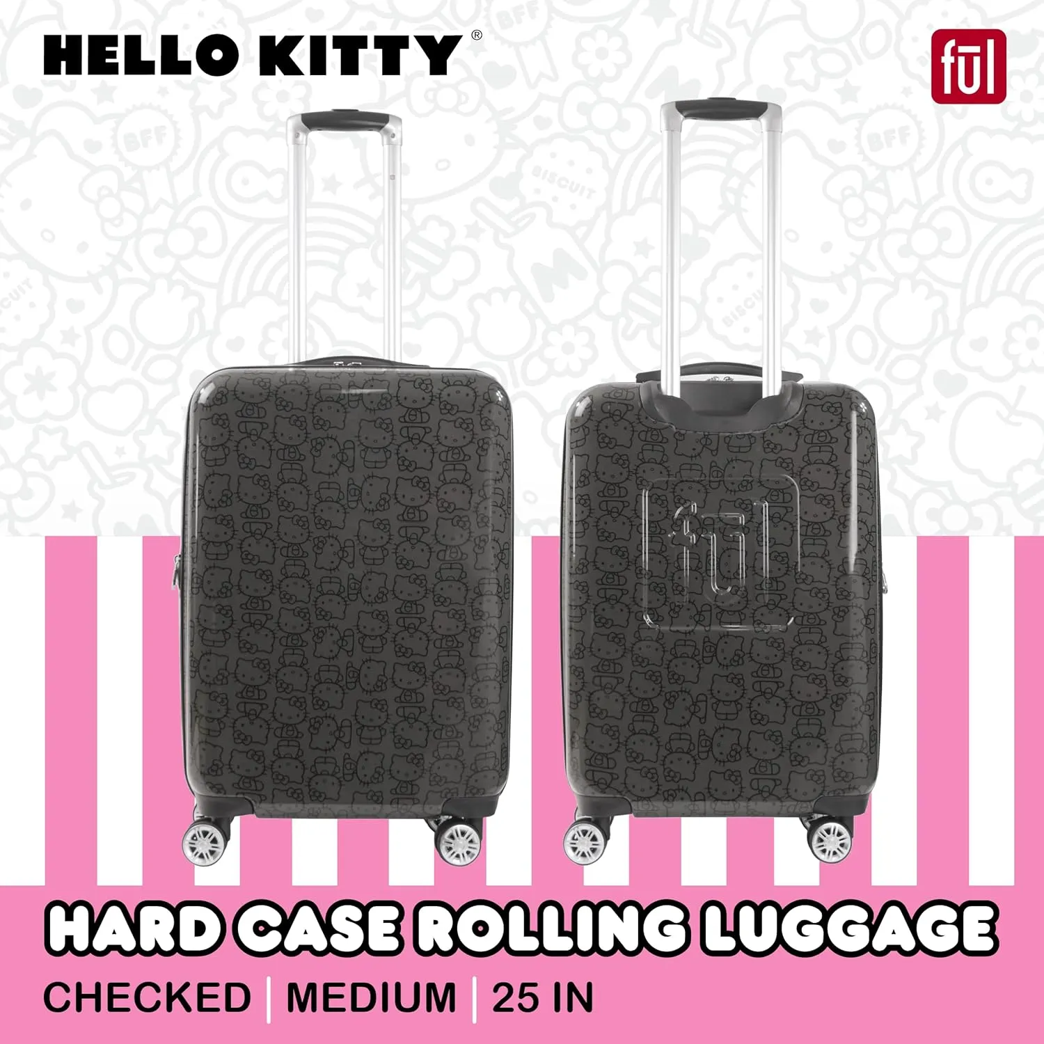 FUL Hello Kitty Rolling Luggage, Hardshell Suitcase with Spinner Wheels, Black, 25 Inch