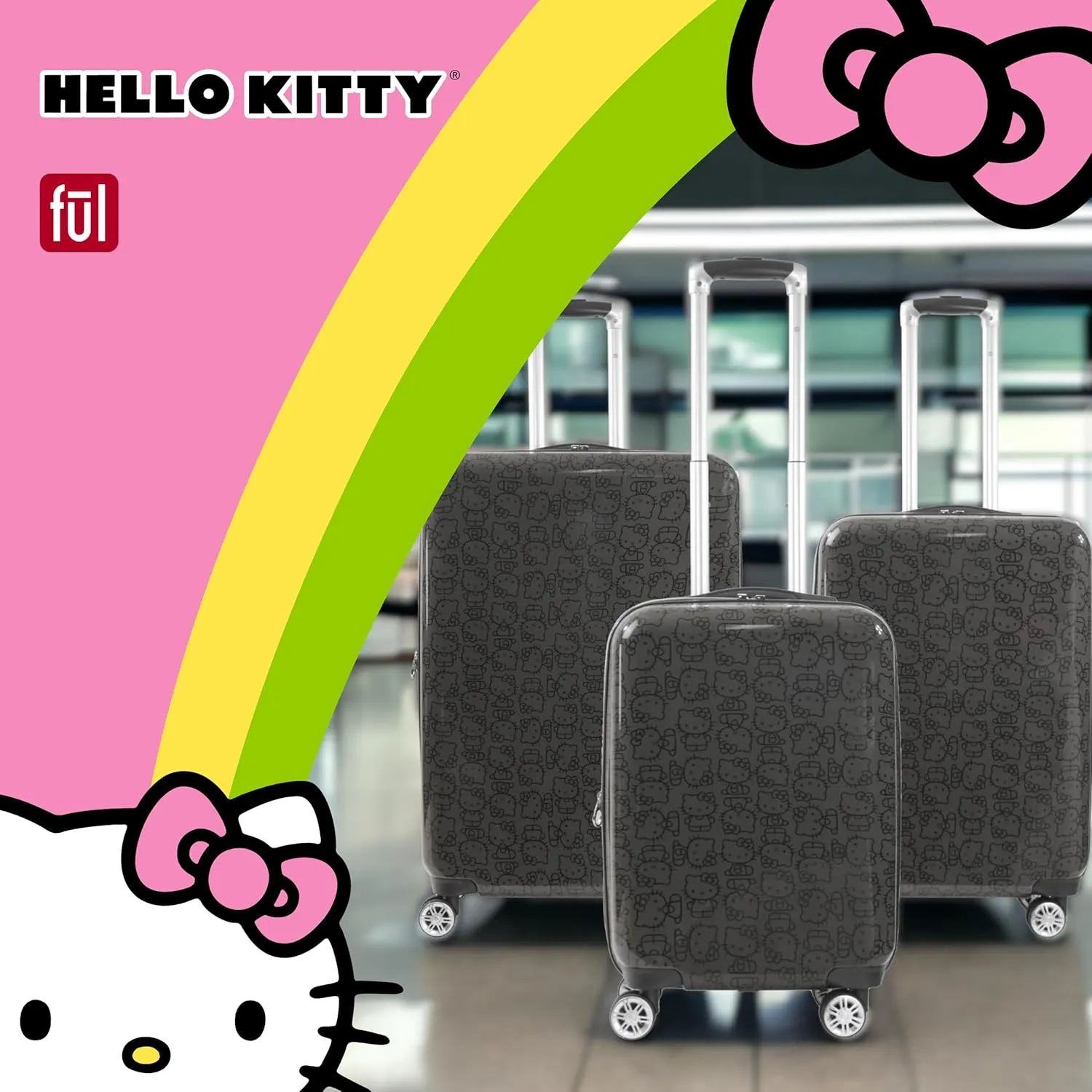 FUL Hello Kitty Rolling Luggage, Hardshell Suitcase with Spinner Wheels, Black, 25 Inch