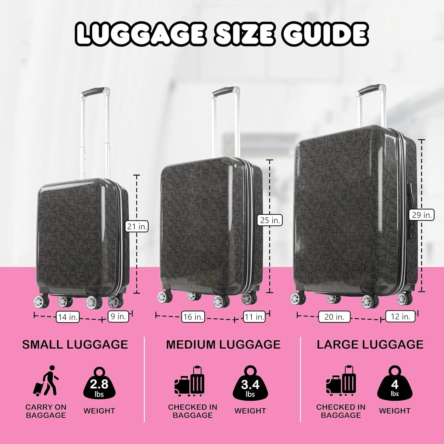 FUL Hello Kitty Rolling Luggage, Hardshell Suitcase with Spinner Wheels, Black, 25 Inch