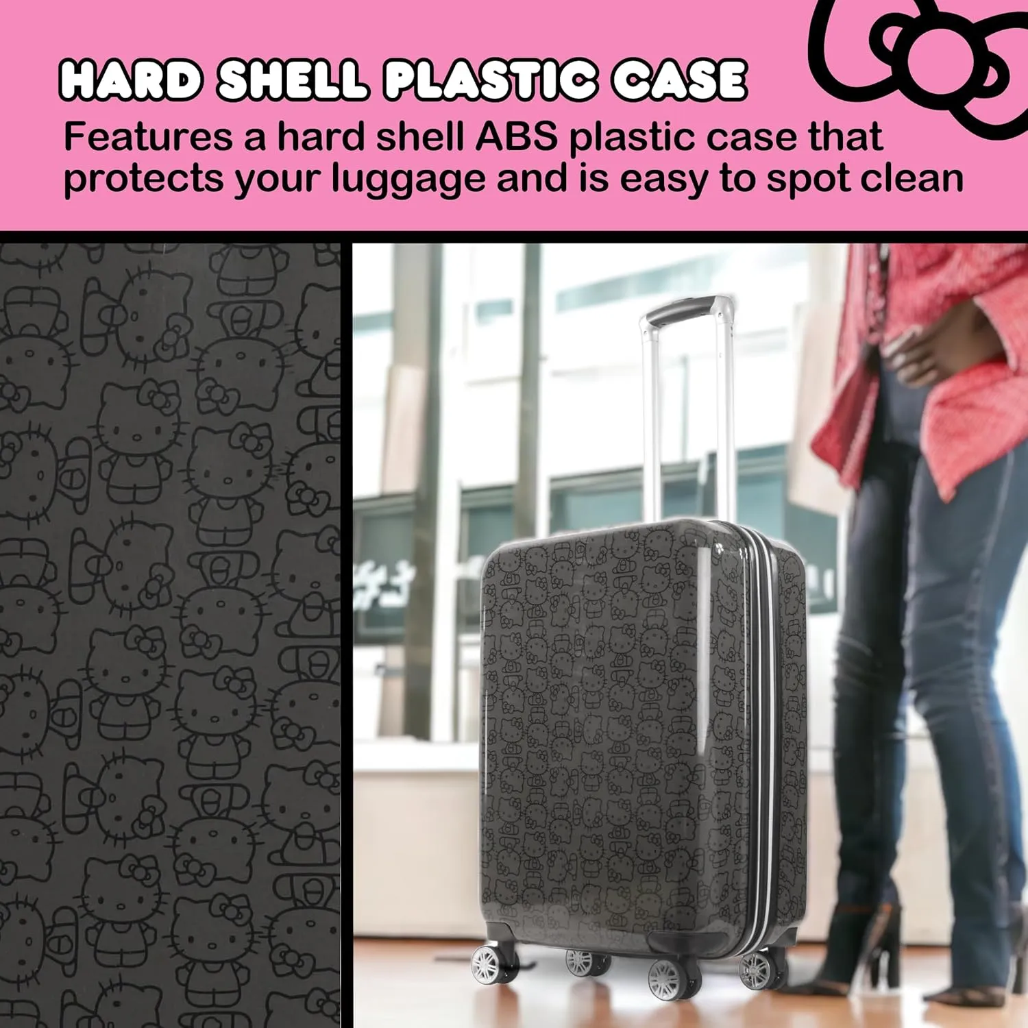 FUL Hello Kitty Rolling Luggage, Hardshell Suitcase with Spinner Wheels, Black, 25 Inch