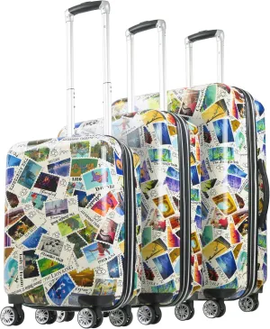FUL Rolling Luggage, Disney Stamps Harrdshell Carry On Suitcase with Spinner Wheels, Multi, 3 Piece Set