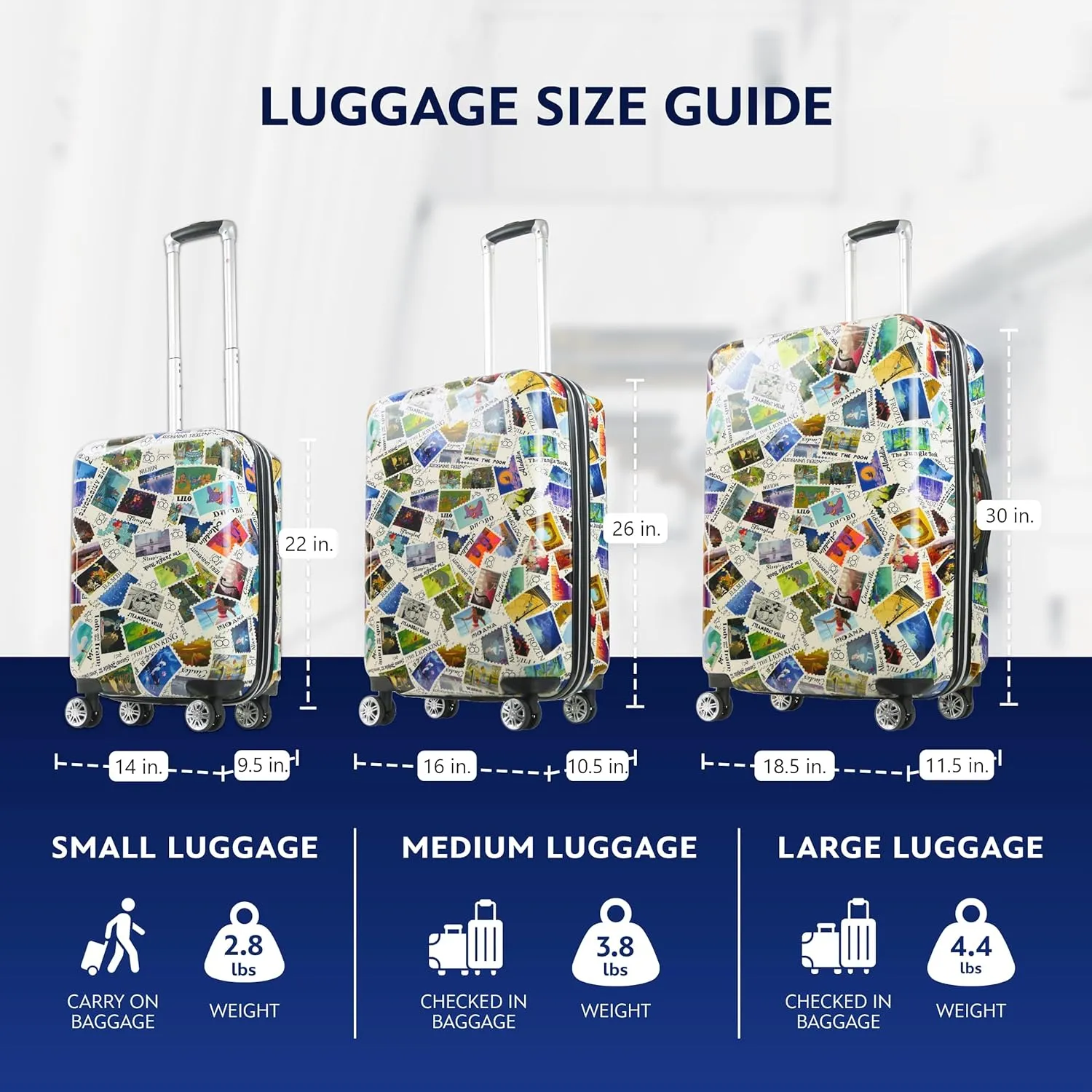 FUL Rolling Luggage, Disney Stamps Harrdshell Carry On Suitcase with Spinner Wheels, Multi, 3 Piece Set