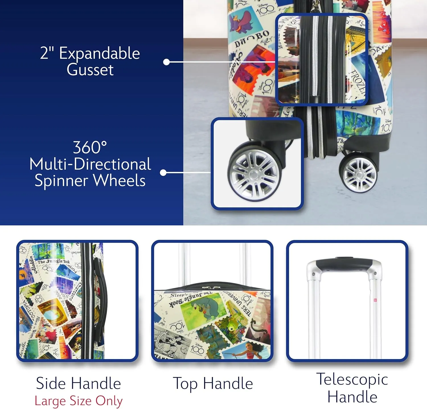 FUL Rolling Luggage, Disney Stamps Harrdshell Carry On Suitcase with Spinner Wheels, Multi, 3 Piece Set