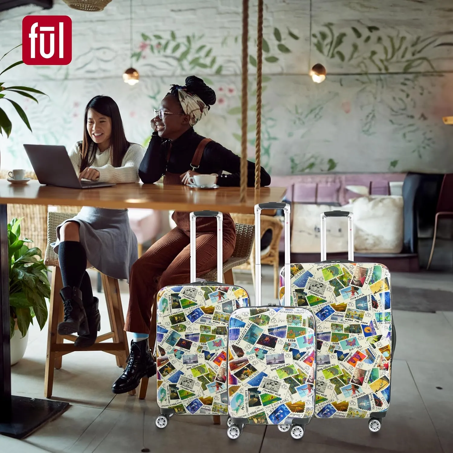 FUL Rolling Luggage, Disney Stamps Harrdshell Carry On Suitcase with Spinner Wheels, Multi, 3 Piece Set
