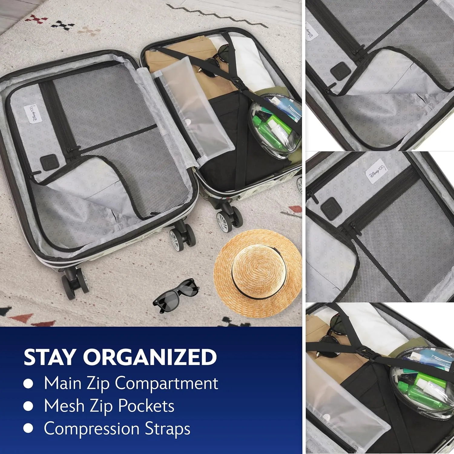 FUL Rolling Luggage, Disney Stamps Harrdshell Carry On Suitcase with Spinner Wheels, Multi, 3 Piece Set
