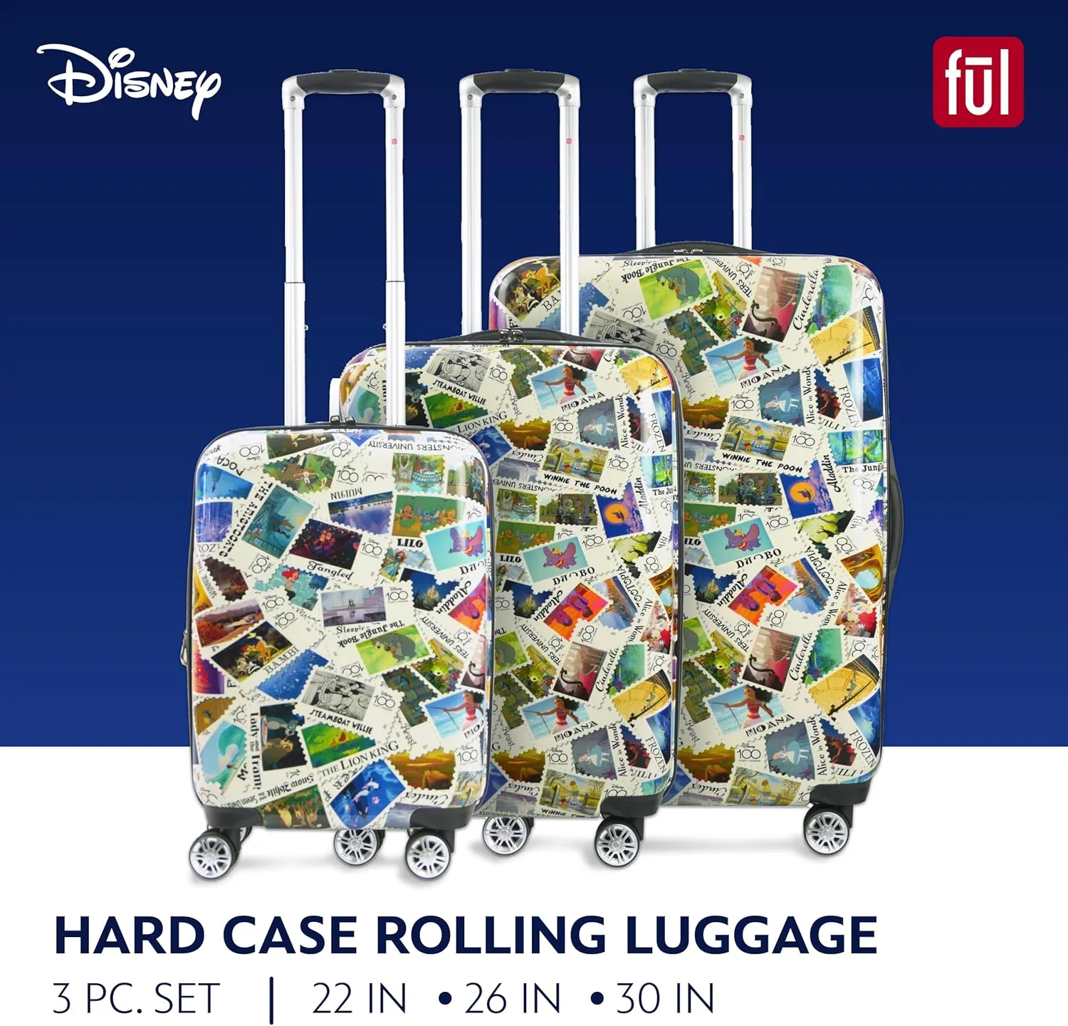 FUL Rolling Luggage, Disney Stamps Harrdshell Carry On Suitcase with Spinner Wheels, Multi, 3 Piece Set