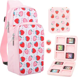 FUNDIARY Pink Carrying Travel Bag for Nintendo Switch/OLED/Lite with Strawberry Design, Portable Accessories Bundle with Sling Shoulder Bag Crossbody Backpack, 12 Slots Game Card Case and 2 Thumb Caps