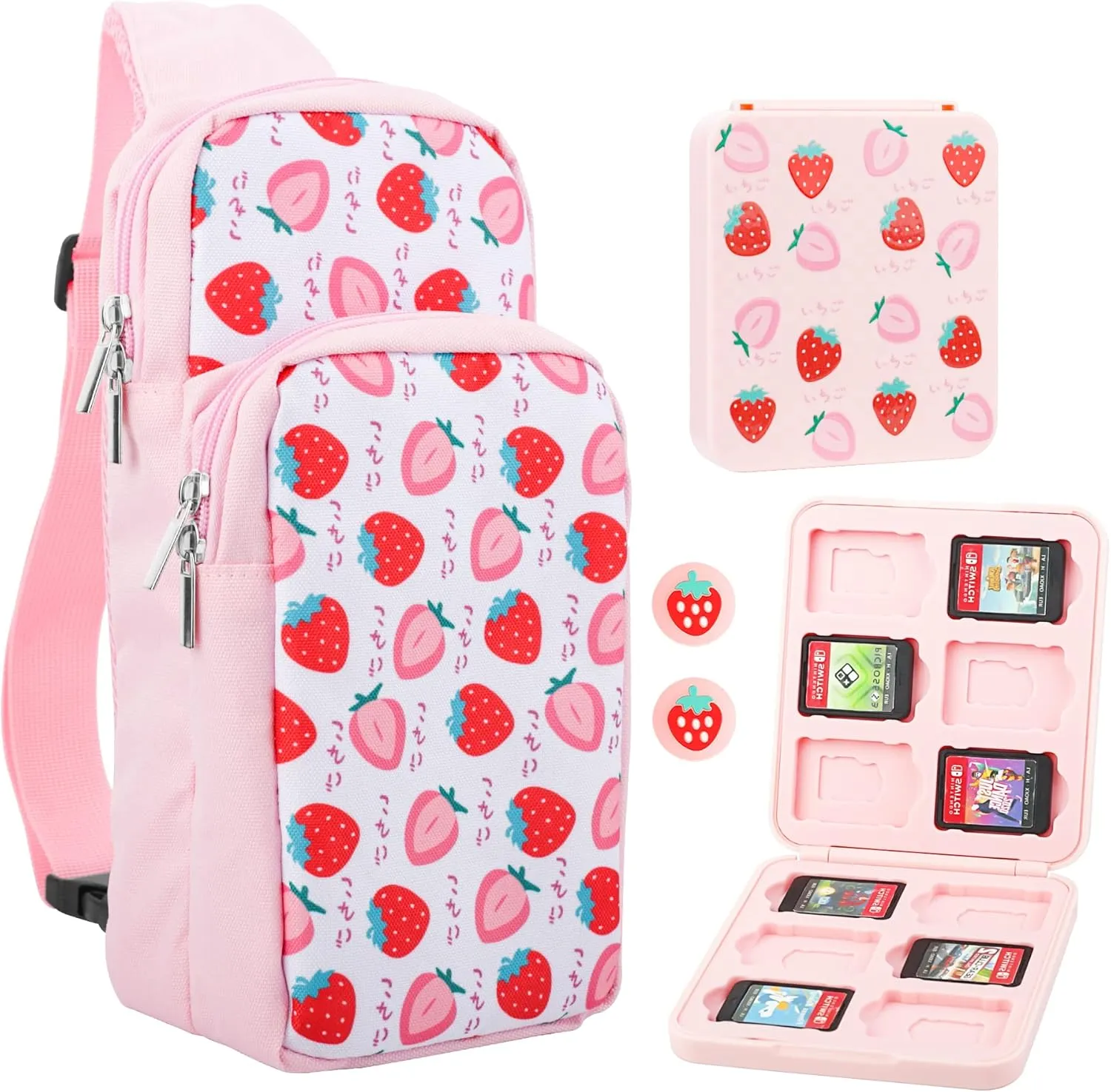 FUNDIARY Pink Carrying Travel Bag for Nintendo Switch/OLED/Lite with Strawberry Design, Portable Accessories Bundle with Sling Shoulder Bag Crossbody Backpack, 12 Slots Game Card Case and 2 Thumb Caps