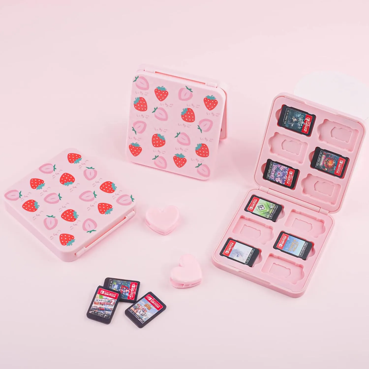 FUNDIARY Pink Carrying Travel Bag for Nintendo Switch/OLED/Lite with Strawberry Design, Portable Accessories Bundle with Sling Shoulder Bag Crossbody Backpack, 12 Slots Game Card Case and 2 Thumb Caps