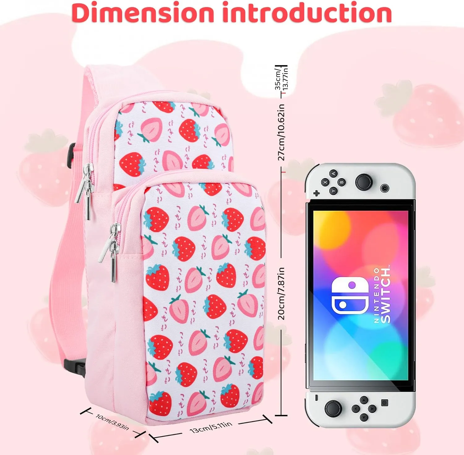FUNDIARY Pink Carrying Travel Bag for Nintendo Switch/OLED/Lite with Strawberry Design, Portable Accessories Bundle with Sling Shoulder Bag Crossbody Backpack, 12 Slots Game Card Case and 2 Thumb Caps