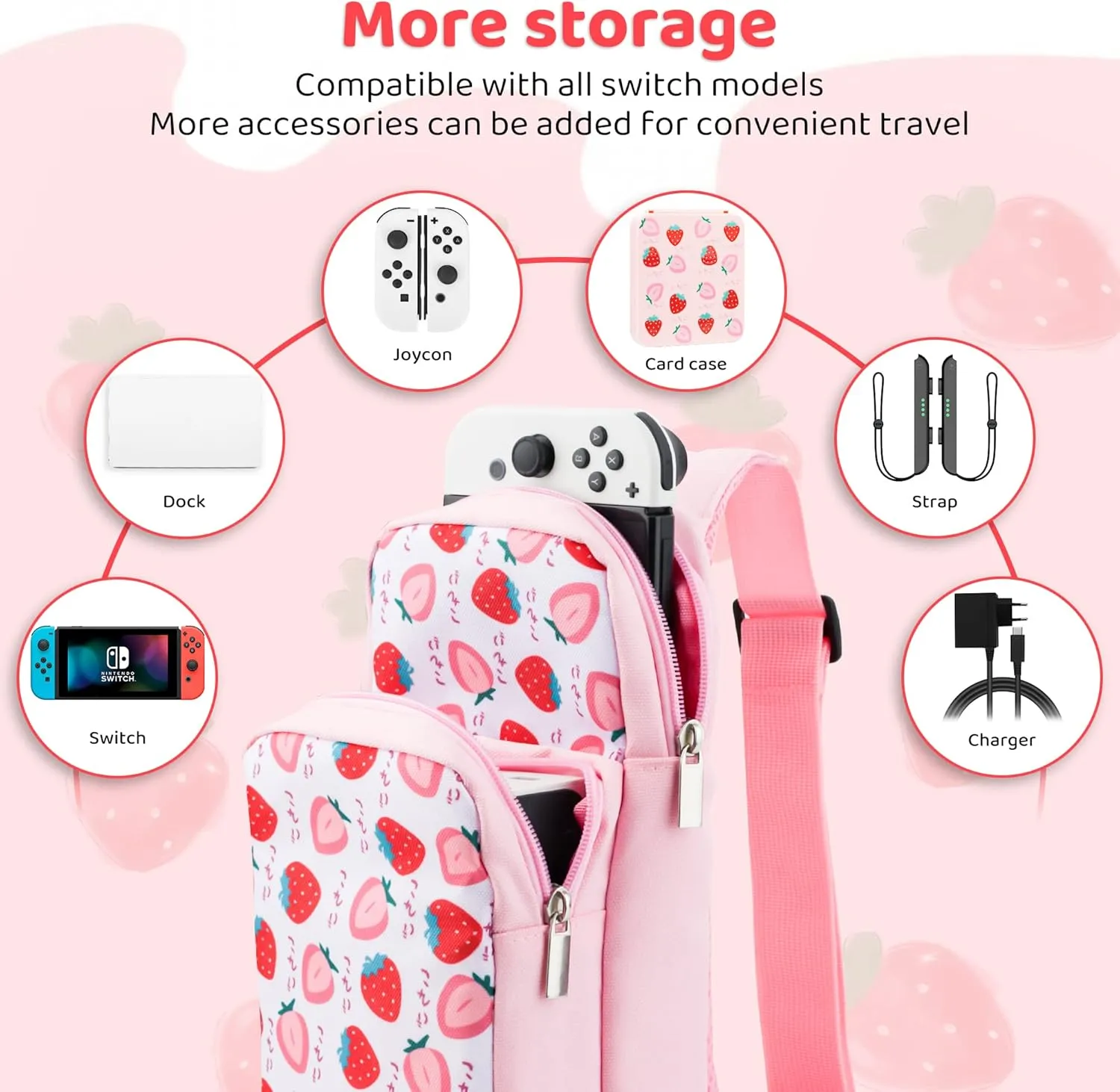 FUNDIARY Pink Carrying Travel Bag for Nintendo Switch/OLED/Lite with Strawberry Design, Portable Accessories Bundle with Sling Shoulder Bag Crossbody Backpack, 12 Slots Game Card Case and 2 Thumb Caps