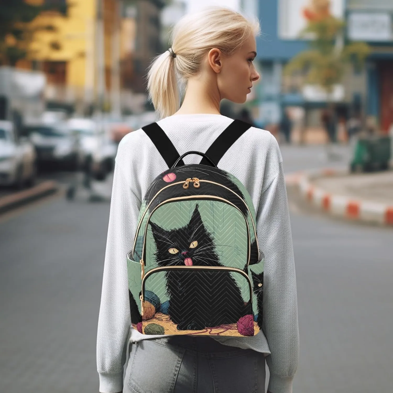 Funny Black Cat Stuck Out Its Tongue Quilted Backpack for Women Fashion Lightweight Travel Daypack Durable Polyester Stylish Casual Hiking Bag for School Work Outing