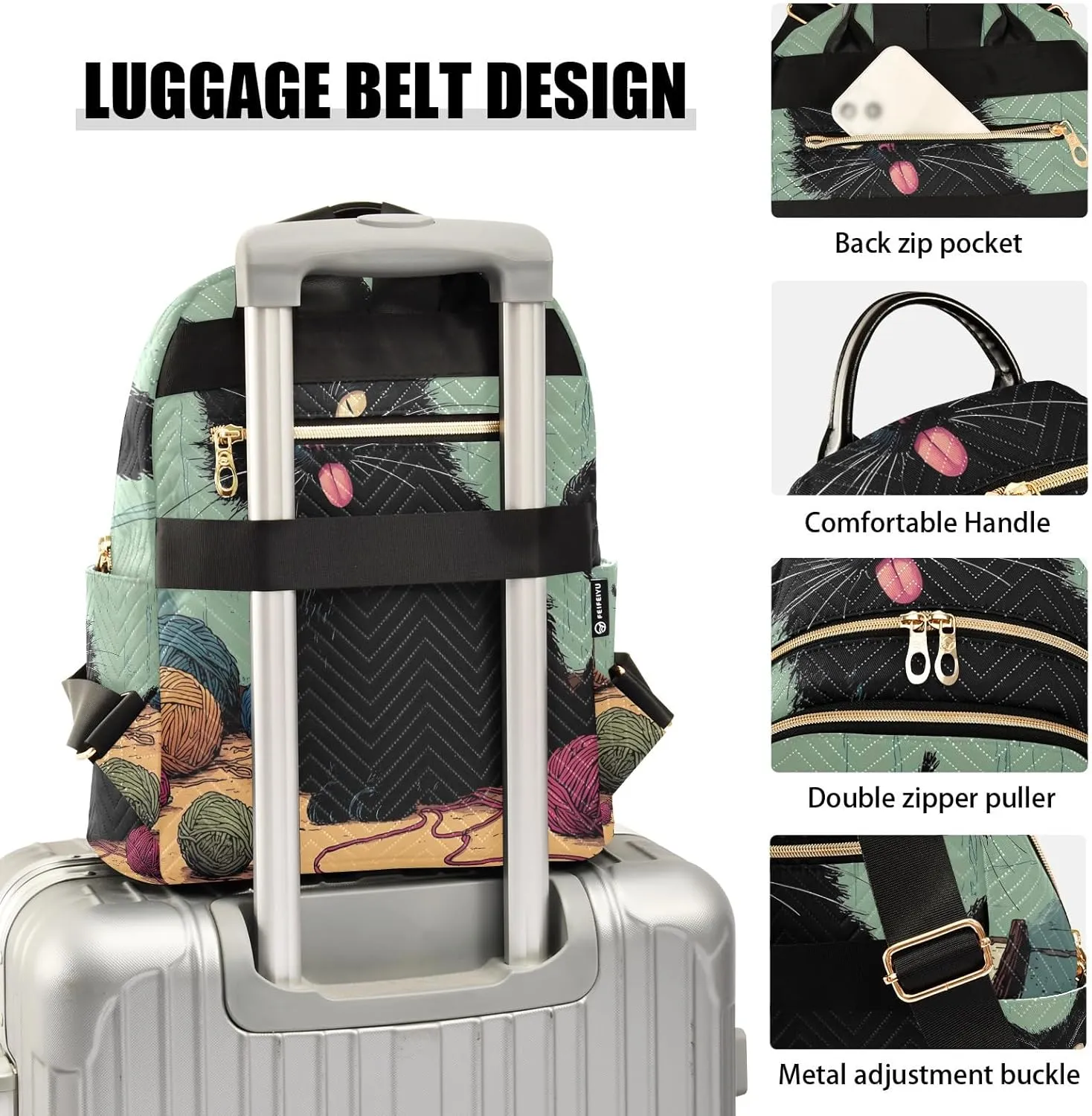 Funny Black Cat Stuck Out Its Tongue Quilted Backpack for Women Fashion Lightweight Travel Daypack Durable Polyester Stylish Casual Hiking Bag for School Work Outing