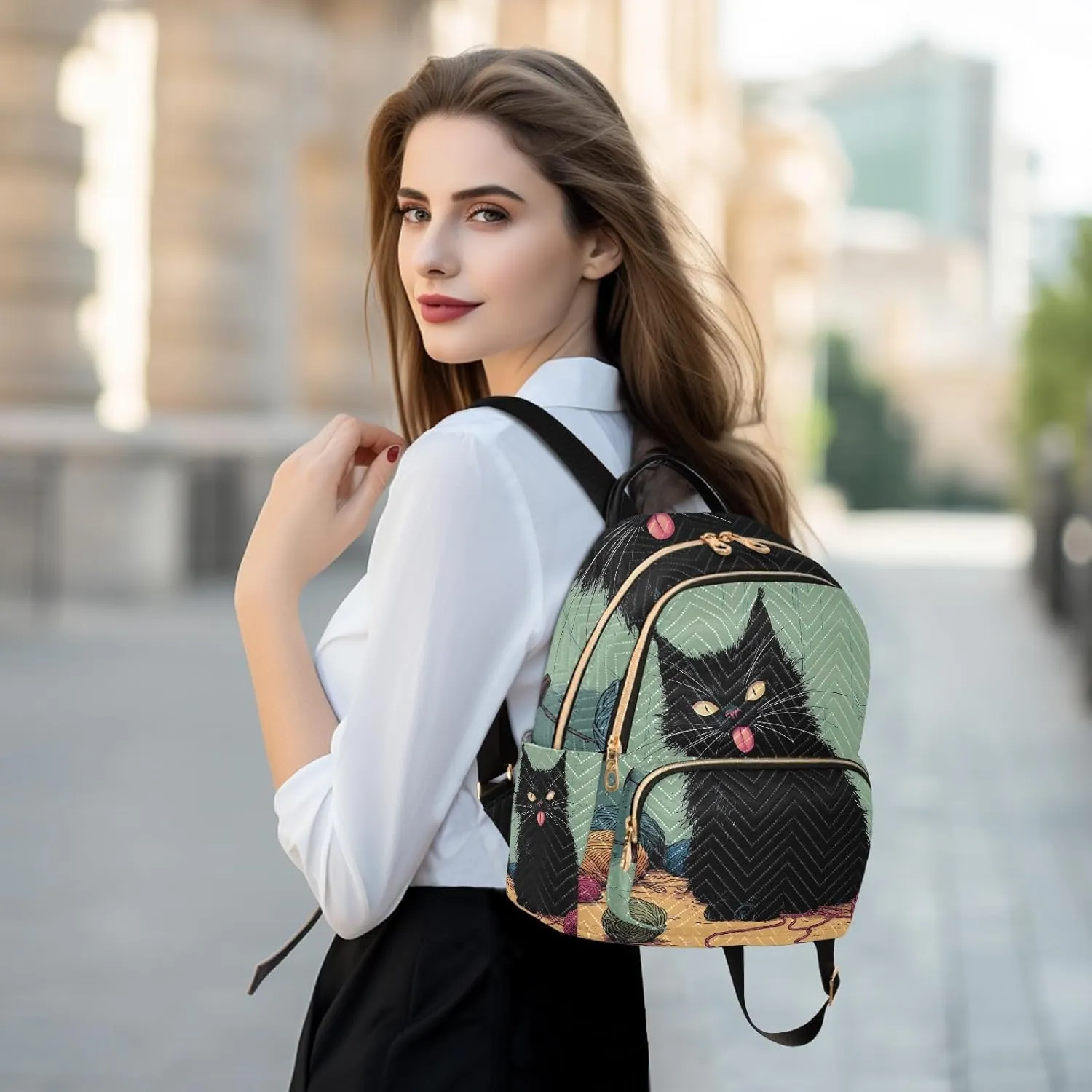 Funny Black Cat Stuck Out Its Tongue Quilted Backpack for Women Fashion Lightweight Travel Daypack Durable Polyester Stylish Casual Hiking Bag for School Work Outing