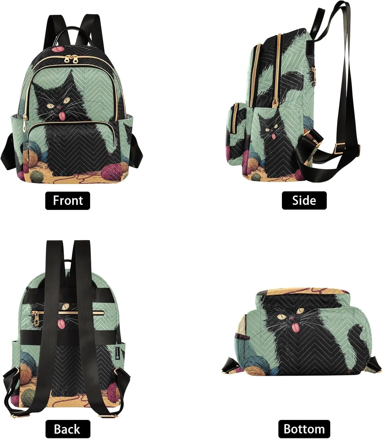 Funny Black Cat Stuck Out Its Tongue Quilted Backpack for Women Fashion Lightweight Travel Daypack Durable Polyester Stylish Casual Hiking Bag for School Work Outing