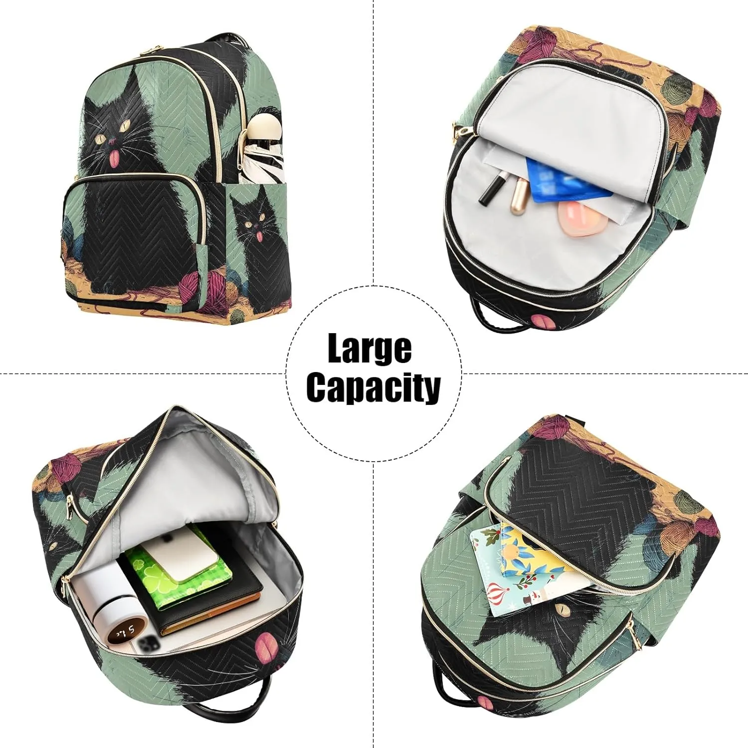 Funny Black Cat Stuck Out Its Tongue Quilted Backpack for Women Fashion Lightweight Travel Daypack Durable Polyester Stylish Casual Hiking Bag for School Work Outing