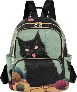 Funny Black Cat Stuck Out Its Tongue Quilted Backpack for Women Fashion Lightweight Travel Daypack Durable Polyester Stylish Casual Hiking Bag for School Work Outing