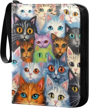 Funny Cats Colorful Card Binder 4 Pocket Trading Card Album Fits 400 Sports/Game Cards, PU Cover 3 Ring Card Collection with 50 Removable Sleeves