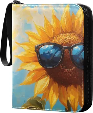 Funny Sunflower in Sunglasses Card Binder 4 Pocket Trading Card Album Fits 400 Sports/Game Cards, PU Cover 3 Ring Card Collection with 50 Removable Sleeves