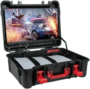 GAMERSBOX Portable Gaming Monitor - 21.5" FHD IPS Display (max. 75Hz, FreeSync), Tough IP65 Hard Shell Case, Compatible with PS4/PS5 Xbox, HDMI Cable, Wheeled Trolley & VESA Stand