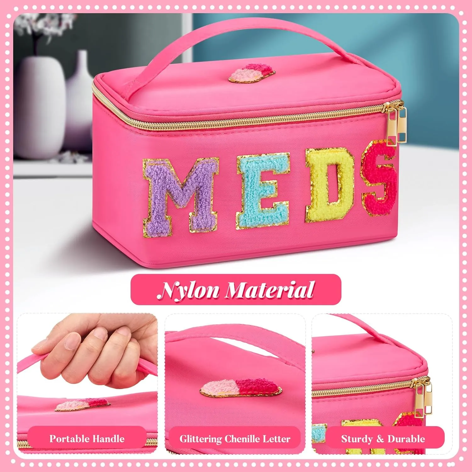 Geetery Chenille Letter Bag Nylon Meds Makeup Cases Preppy Patch with Zipper, Portable Cosmetic Toiletry Storage Bag for Women(Rose Red)
