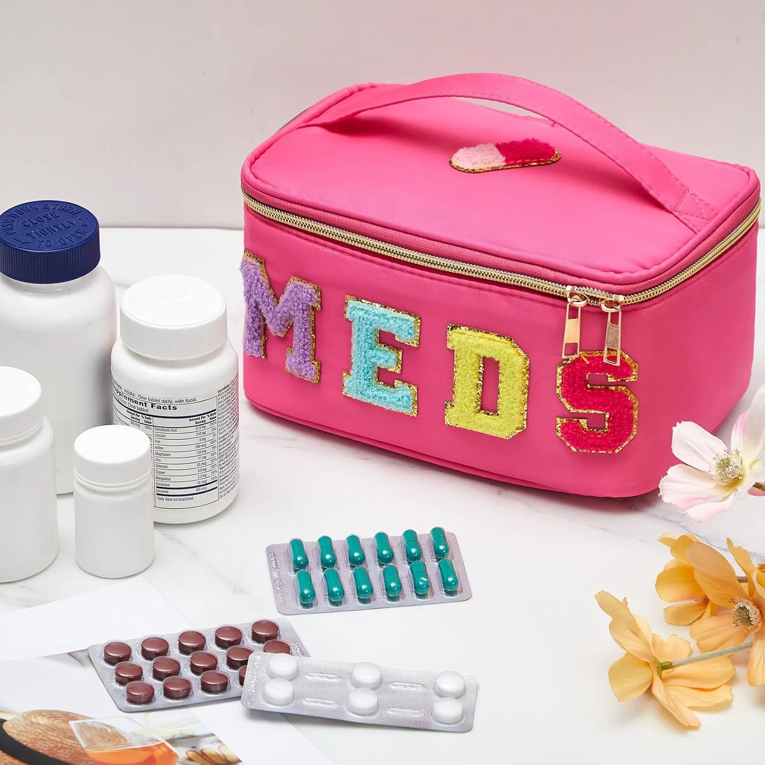 Geetery Chenille Letter Bag Nylon Meds Makeup Cases Preppy Patch with Zipper, Portable Cosmetic Toiletry Storage Bag for Women(Rose Red)