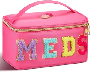 Geetery Chenille Letter Bag Nylon Meds Makeup Cases Preppy Patch with Zipper, Portable Cosmetic Toiletry Storage Bag for Women(Rose Red)